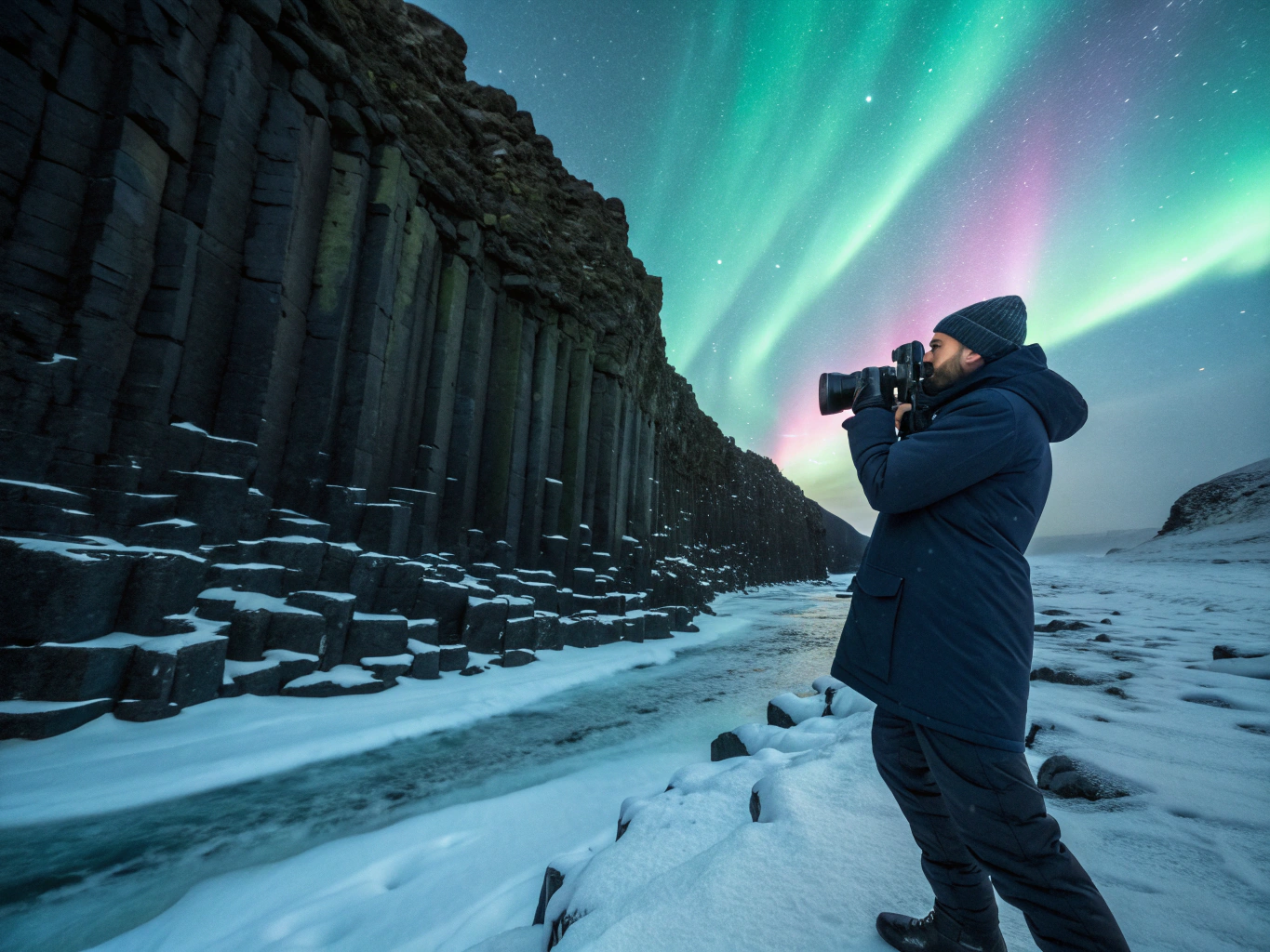 Photographer scouting remote glacial peaks in Iceland