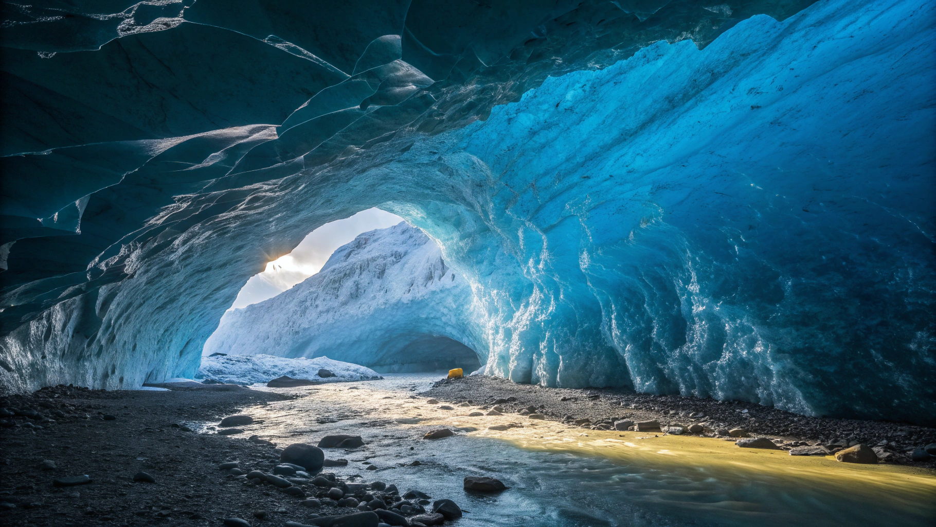 Deep blue ice cave interior with natural light filtering through
