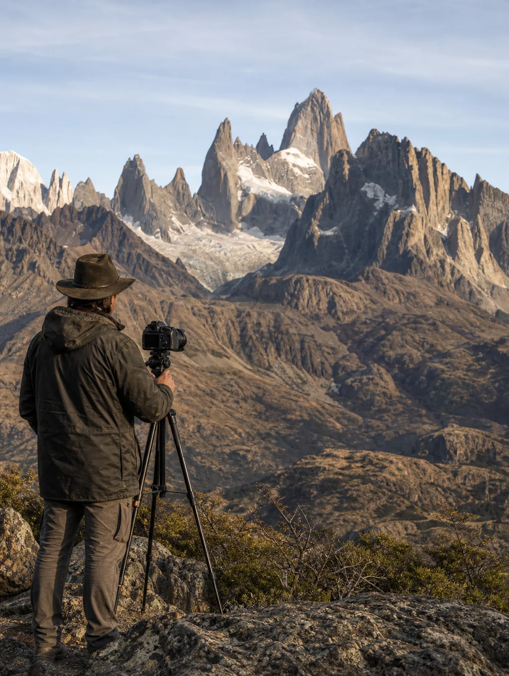 Photographer in rugged field gear capturing raw wilderness light