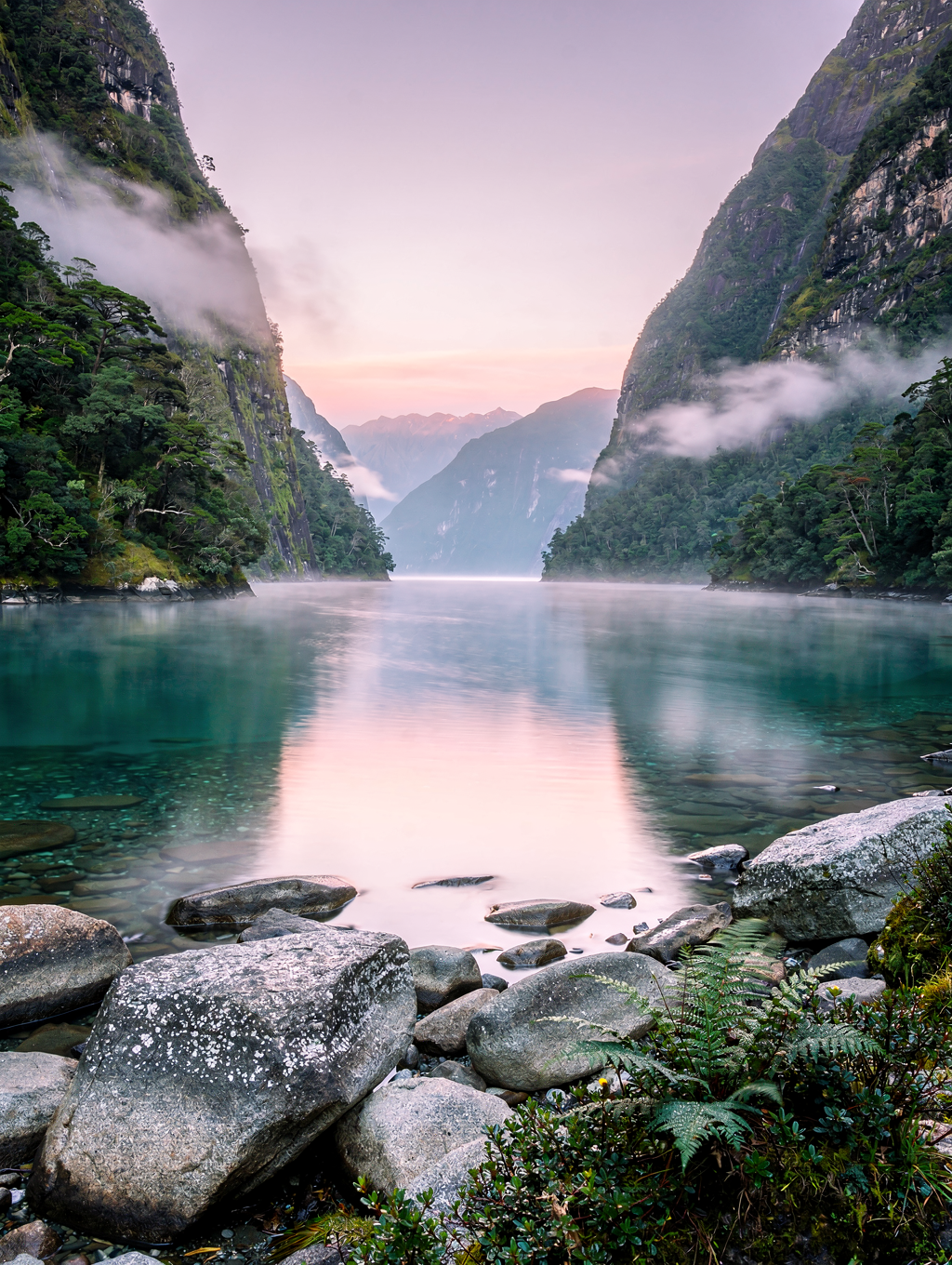 Mist rising from deep green fiord waters in New Zealand